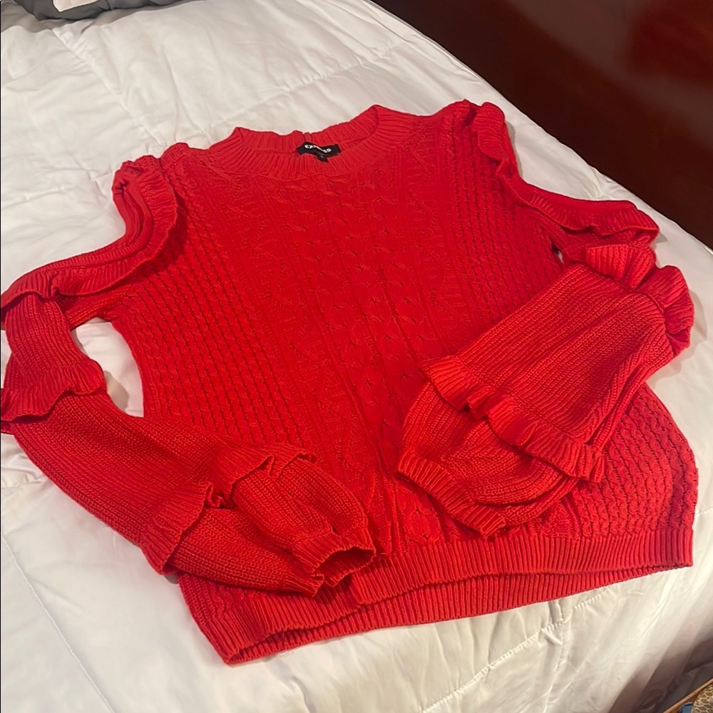 Express Chic Red Sweater with Ruffle Details